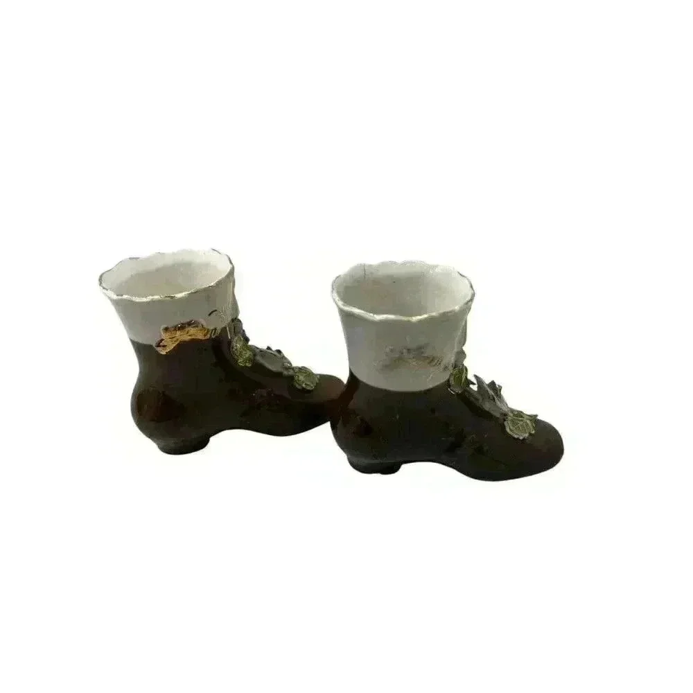 Set of Vintage Porcelain Miniature Shoe Vases Brown with Applied Flowers 3